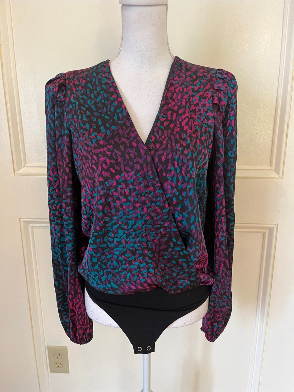 Express Wrap-Front Printed Bodysuit in Black with Teal & Magenta